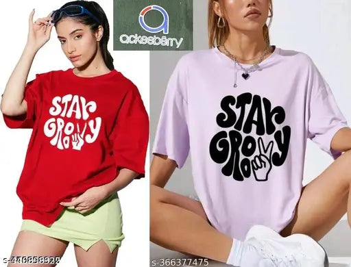 Cotton blend printed oversized women's t-shirt (3/4 sleeves), combo pack of 2 in various sizes, Indian apparel design