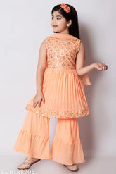 Embellished Georgette sharara suit with dupatta for girls, Indian party wear for kids 10-11 years