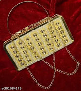 Metal embellished bridal clutch bag, golden front pattern varies as per availability, free size (10in x 10in)