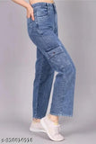 Stylish pocket denim jeans, distressed indigo-washed denim, trendy men's casual wear on hanger (30 waist x 38 length)
