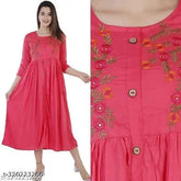 Jaipuri embroidered rayon anarkali kurtis with flared silhouette and three-quarter sleeves, vibrant Indian fashion on a mannequin