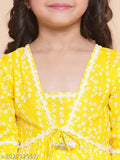 Yellow rayon Girls Sarara Set: full print anarkali palazzos, three-quarter sleeves, Indian girls clothing