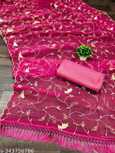 New net fabric saree with heavy brocade blouse, embellished with zari work. Indian handloom fashion accessory