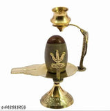 Golden brass Narmadeshwar Shivling with trishul and temple stand, Indian artisan crafted