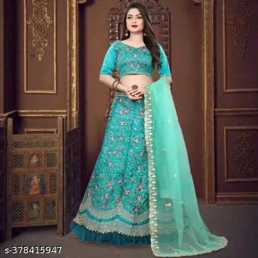 Trending silk embroidered lehenga choli and net dupatta for women, semi-stitched with a 44m waist, 42m length, and 2.2m dupatta from India