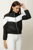 Black colorblocked polyester zipper jacket for women - trendy cool jacket, one size available (XS, bust 32in, length 20in, waist 28in, hip 32in, shoulder 16in) from India