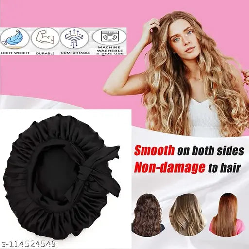 Black silk satin night cap with adjustable bands and 3 free scrunches, for frizz-free hair care
