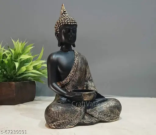 Tealight candle holder stand, tealight holders, resin meditating Buddha statue for home decor, India origin, 15 cm x 7.5 cm x 23 cm size