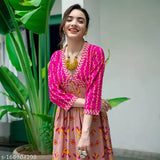 Pink rayon printed anarkali gown for women's ethnic wear, three-quarter sleeves, trendy and stylish