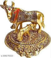 Brass golden Kamdhenu cow & calf sculpture, spiritual Vastu figurine, Indian religious symbol of love and prosperity