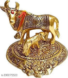 Brass golden Kamdhenu cow & calf sculpture, spiritual Vastu figurine, Indian religious symbol of love and prosperity