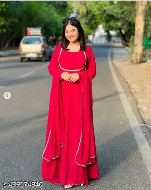 Pink lace georgette kurti with matching dupatta, solid pattern, long sleeves for women's fashion