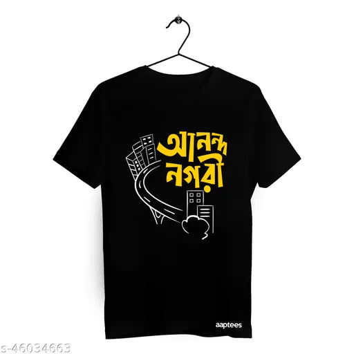 Black cotton Ananda Nagari round neck T-shirt, printed pattern on short sleeves, high-quality 160GSM full cotton, unisex fit from India