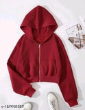 Fleece women's crop hooded sweatshirt, solid color, suitable for winter wear & casual outings