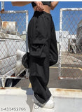 Solid polyester cargo joggers for women, India-made solid navy pants