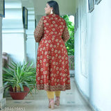 Red cotton floral round kurti by Yash Gallery, three-quarter sleeves, printed design, Indian origin