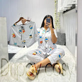 Cartoon print silk blend ladies night suit, Indian-made sleepwear set featuring shirt, pajama, and shorts for luxury comfort and style