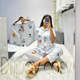 Cartoon print silk blend ladies night suit, Indian-made sleepwear set featuring shirt, pajama, and shorts for luxury comfort and style