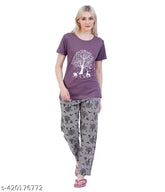Cotton printed net nightsuit set - Pack 1, women's short-sleeved tshirt pyjamas, multiple sizes available from S to XXL, India origin