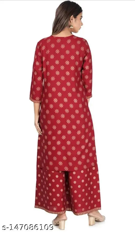 Gold-printed rayon kurta with palazzos, beautiful design by Emre Creation for women's fashion, Indian origin