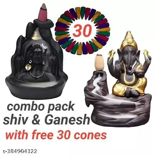 Handcrafted shiv Ganesha combo: Backflow waterfall incense holder showpiece, golden Ganeshji and Lord Adiyogi, Indian art form
