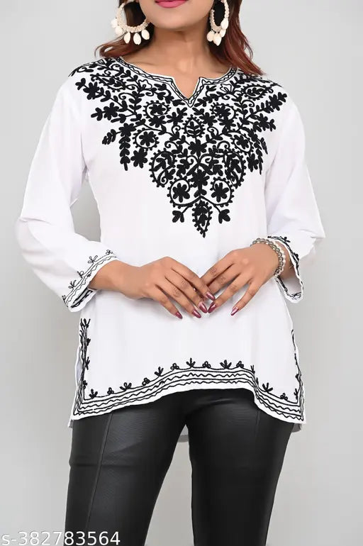 White rayon embroidered Lucknow Chikankari kurta top, suitable for various occasions