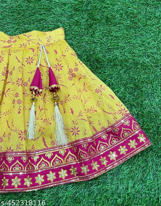 Kids cotton silk lehenga choli upto 10 years, floral embroidered net dupatta on display, sleeveless style for Indian fashion