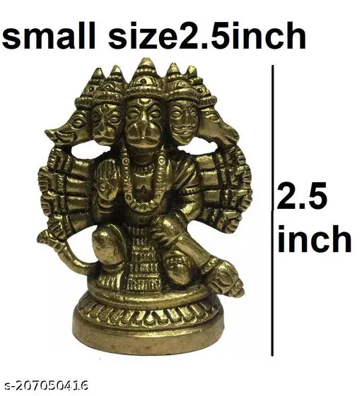 Brass 2.5 inch Panchamukha Anjaneeya Hanuman statue in kneeling ashirvad posture, traditional Indian God idol