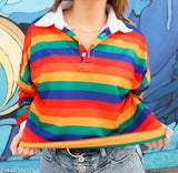 Dark rainbow print lycra women's full sleeve T-shirt, vibrant & stylish, India origin