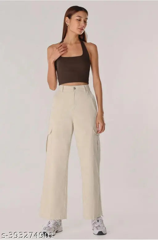 Cream cotton-linen cargo pants, four pocket, high rise, slanted inset pocket with flap, straight fit, stretchable, relaxed, suitable for casual and formal wear