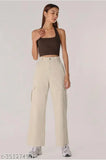 Cream cotton-linen cargo pants, four pocket, high rise, slanted inset pocket with flap, straight fit, stretchable, relaxed, suitable for casual and formal wear