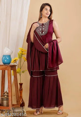Maroon rayon kurta set with sharara and dupatta: elegant Indian women's outfit for festive or daily wear