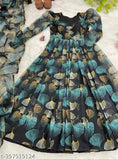 Multicolor block print Georgette flared kurta with attached dupatta, features long sleeves and digital print design with pearls lace border. Perfect for casual and festive occasions. Made with breathable fabric and fine quality material