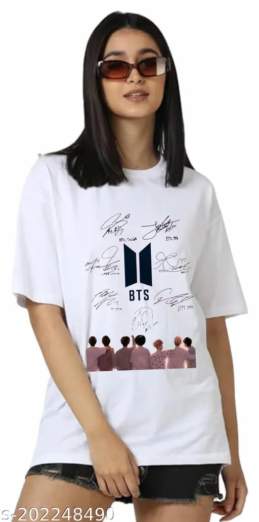 Oversize BTS cotton blend woman's t-shirt with printed logo, short sleeves, XS-XL sizes, made in India