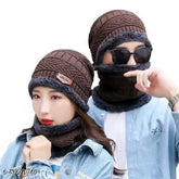 Ultra-soft woolen beanie cap & muffler scarf set, Indian handmade unisex winter essentials for men & women in fur pattern