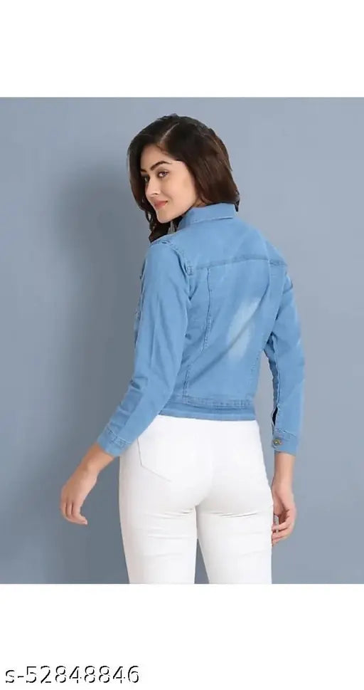 Light blue denim women's jacket, solid-colored with full sleeves and collar, India-made