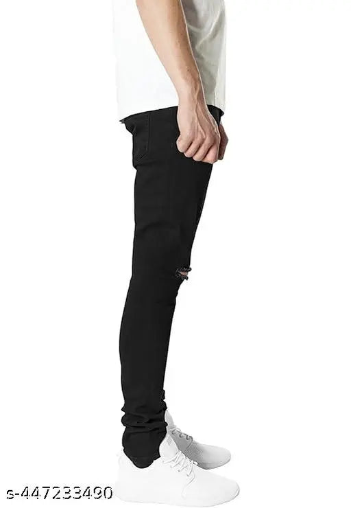 Solid black denim knee-cut jeans, bold & edgy style - men's fashion
