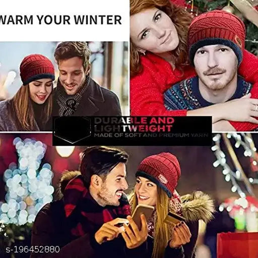 Red wool beanie cap, fur net pattern, winter essential for men and women