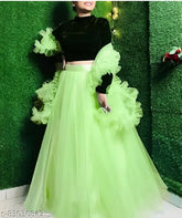 Green velvet and net Lehenga Choli set with ruffle dupatta, semi-stitched (Lehenga waist size: 44in, length: 48in), Pista color
