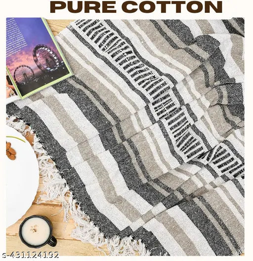 White Striped Cotton Throw Blanket, 100% soft cotton, 52" x 64", perfect for work from home, travel, or gifts; delicate cold wash care instruction