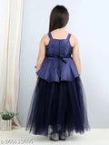 Navy blue net full-length party dress for kids with toy balloon pattern, ideal for girls' events (1-2 years, bust size 22 in, length size 28 in)