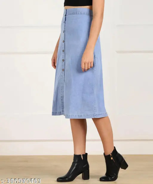 Trendy denim midi skirt, dyed/washed fabric. Flattering waist-length style for summer wear, casual or formal events. Available sizes: 28, 30, 32, 36, 38, 40 (India origin)