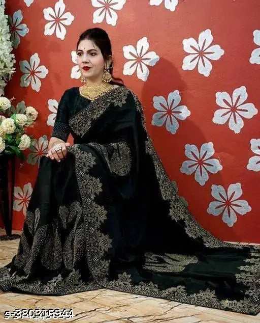 Georgette Silk, diamond-work fashion saree with chiffon blouse, embroidered pattern, free size, Indian origin