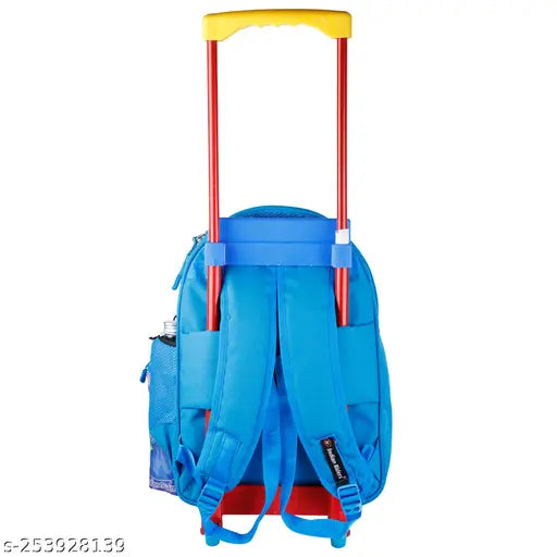 Blue polyester waterproof school trolley bag, perfect for kids aged 2-8, features 30L storage and adjustable padded shoulder straps. Made with durable materials like a 1000 Denier outer shell and 100% polyester lining, this light blue Queen bag is spacious, trendy, and designed to prevent backaches in children. Indian-made, it's part of the Indian Riders Zoo range, featuring popular animal characters kids love