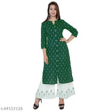 Dark green & white rayon print palazzo pant kurta set with batik print front slit kurti - Indian ethnic wear for women
