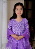 Purple rayon kurta with cotton blend dupatta and bottomwear, printed design for girls aged 7-12 years, Indian traditional attire