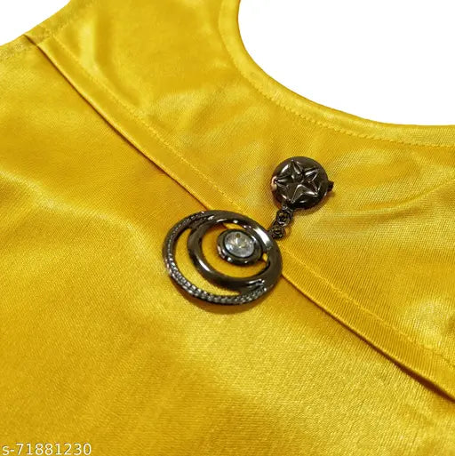Shiny Lycra knee-length party wear in satin, featuring square neck and multiple colors: maroon, purple, yellow, navy blue. Comfortable for babies 0-12 months. Indian-made, versatile style for everyday fun