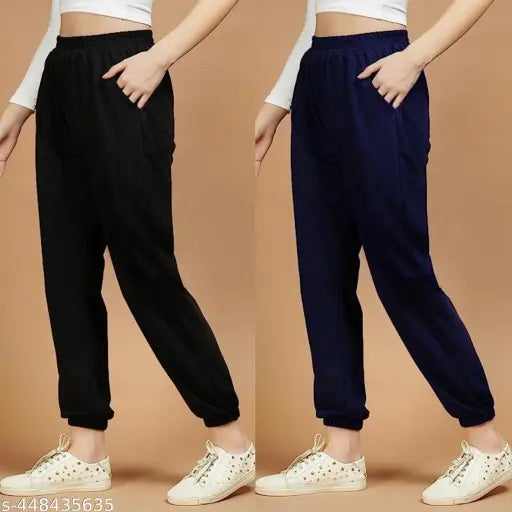 Black & Blue Women's Fleece Jogger Pants for Winter, warm woolen fleece, perfect for sports or jogging