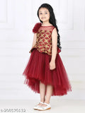 Maroon net hi-low party dress for kids, embellished sleeveless design, size 1-2 years