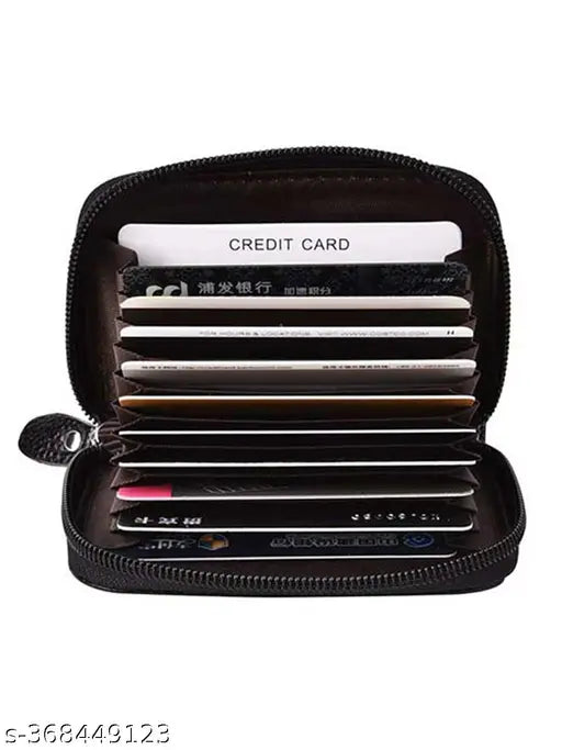 Dark black leather zipper card holder, high quality PU, sleek textured pattern, perfect for storage and travel